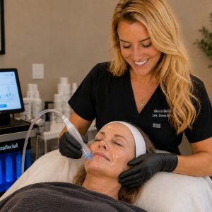 HydraFacial treatment performed to cleanse, exfoliate, and hydrate facial skin
